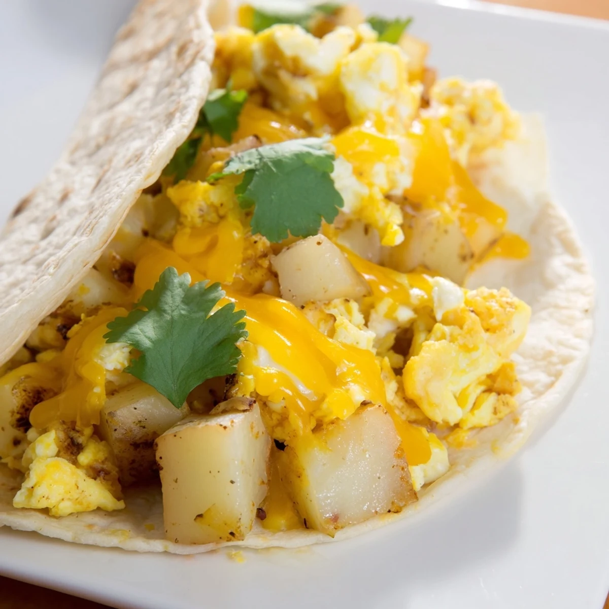 Crispy diced potatoes and scrambled eggs stuffed inside flour tortillas for these satisfying breakfast tacos with cheese