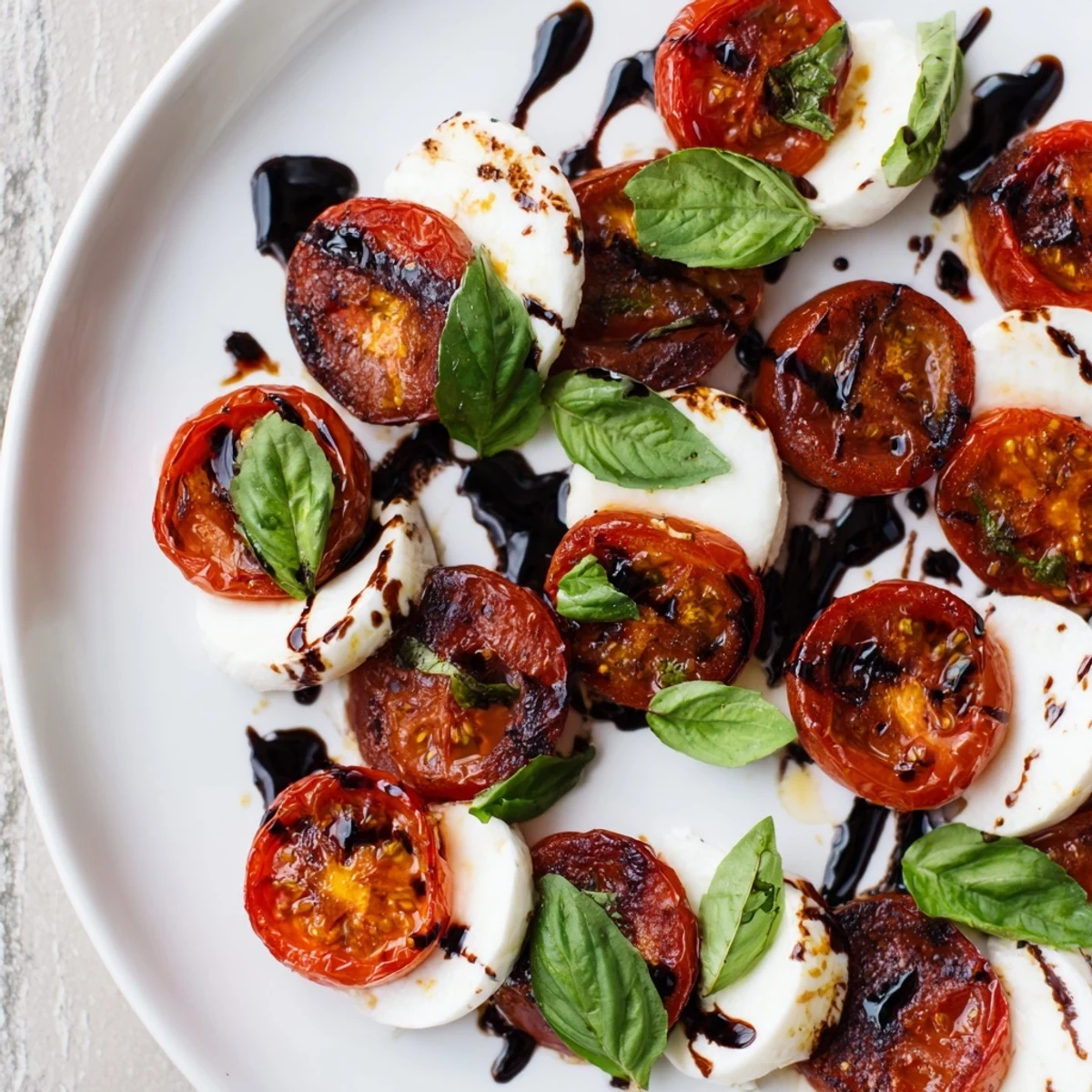 Colorful platter of warm roasted tomato Caprese salad topped with creamy cheese and fresh basil