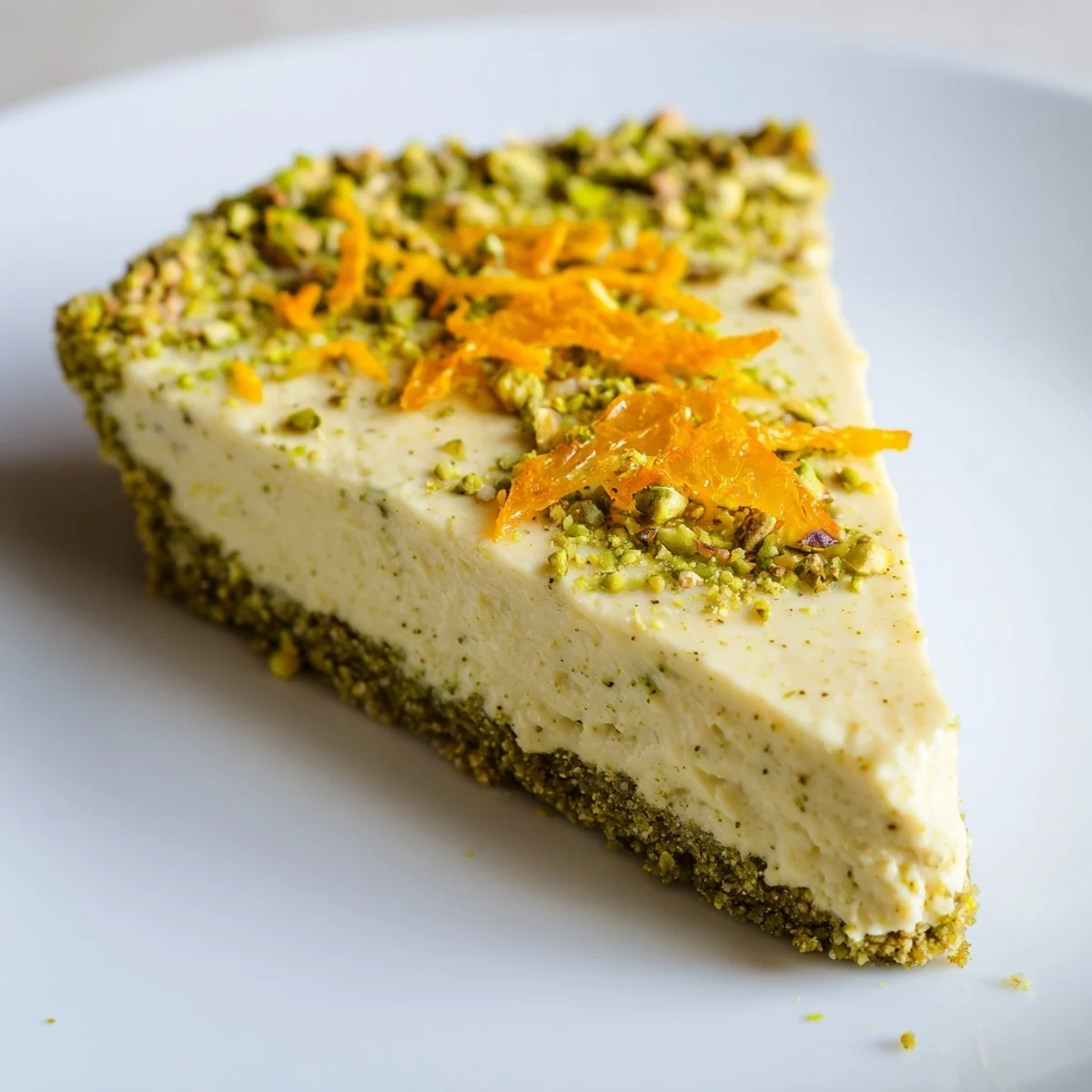 Elegant dessert slice featuring vibrant orange cardamom custard on a nutty green pistachio pastry base