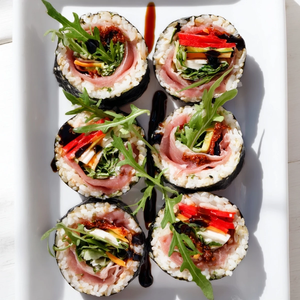 Colorful Italian sushi rolls featuring prosciutto, mozzarella, and roasted peppers wrapped in nori