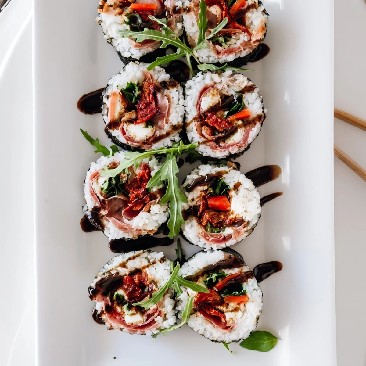 Fusion Italian sushi platter with fresh basil, sun-dried tomatoes, and arugula filling