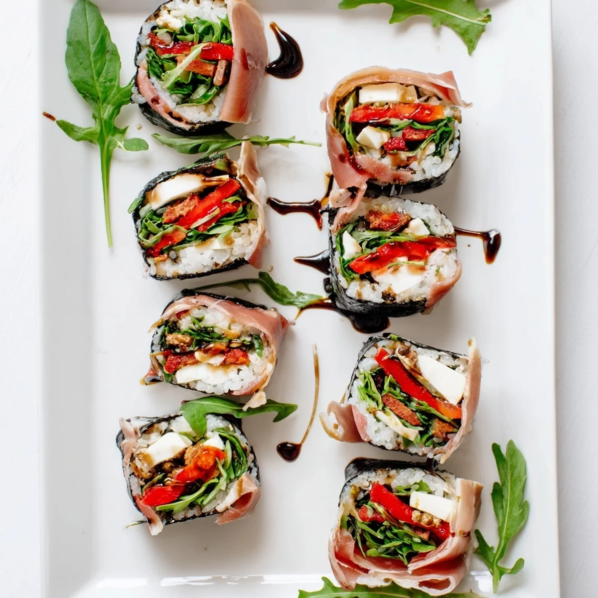 Homemade Italian sushi bites drizzled with balsamic glaze and garnished with basil