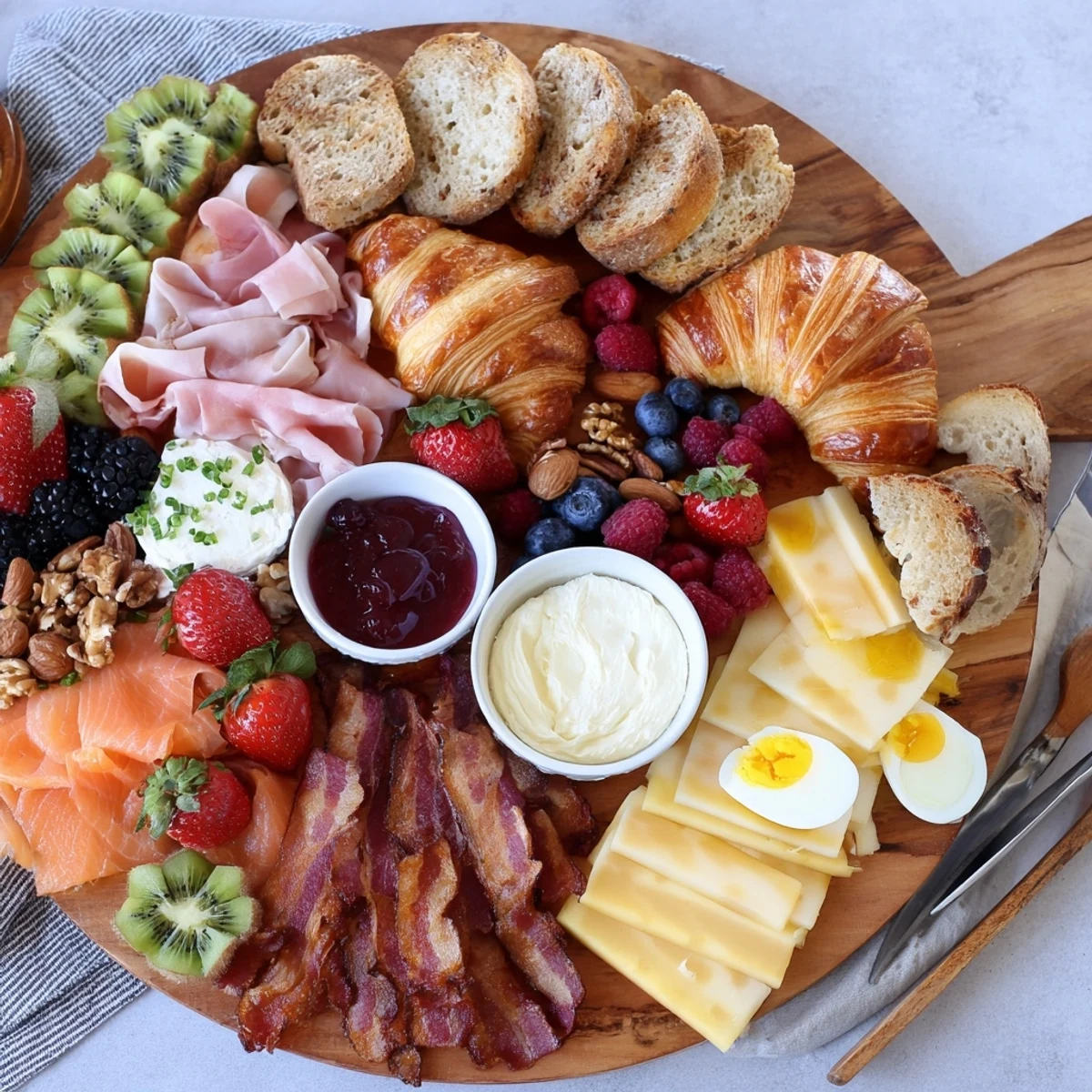 Golden breakfast charcuterie board arranged with prosciutto, brie, fresh berries, and pastries on a wooden platter