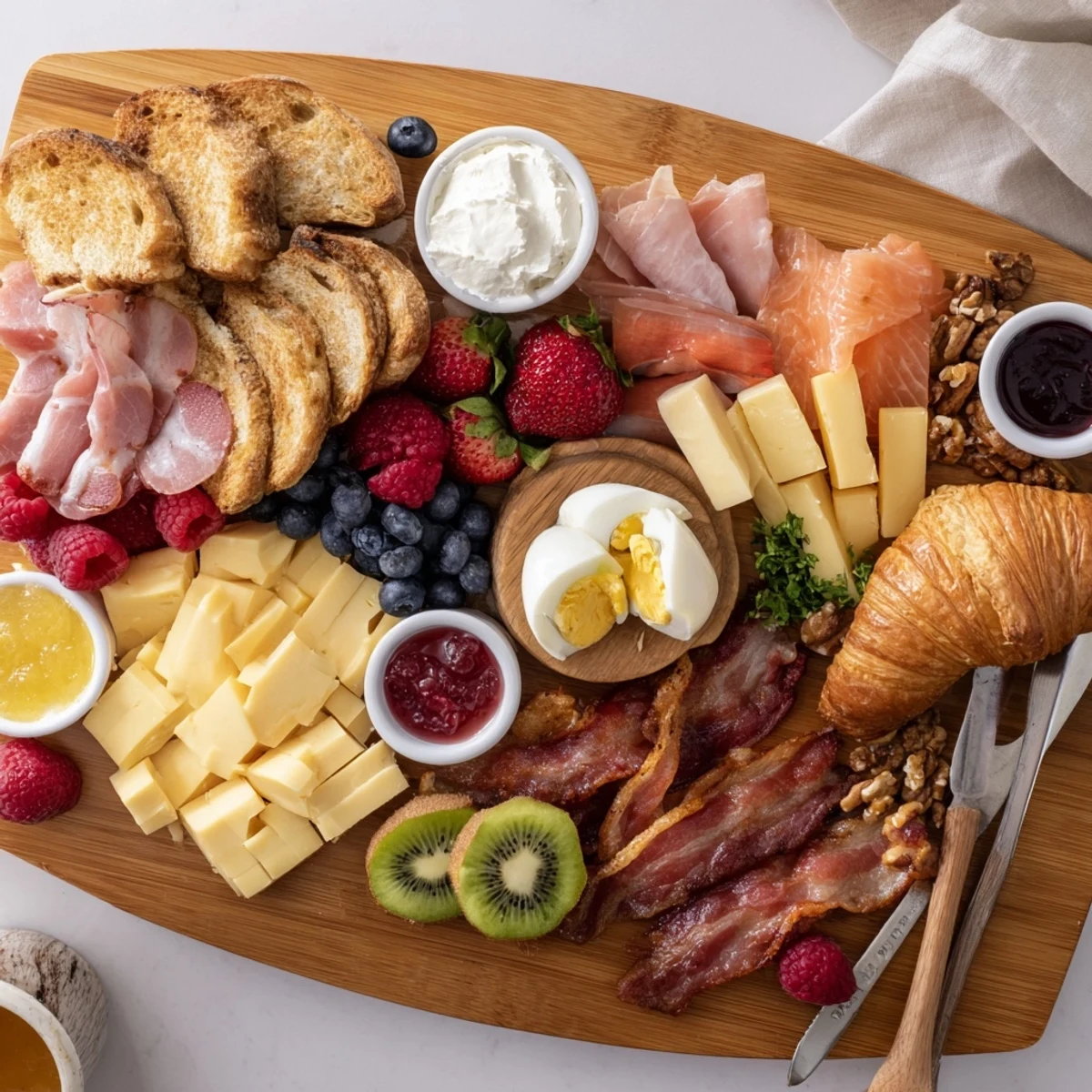 Vibrant breakfast charcuterie board featuring smoked salmon, croissants, mixed fruits, and honey for a crowd-pleasing brunch spread