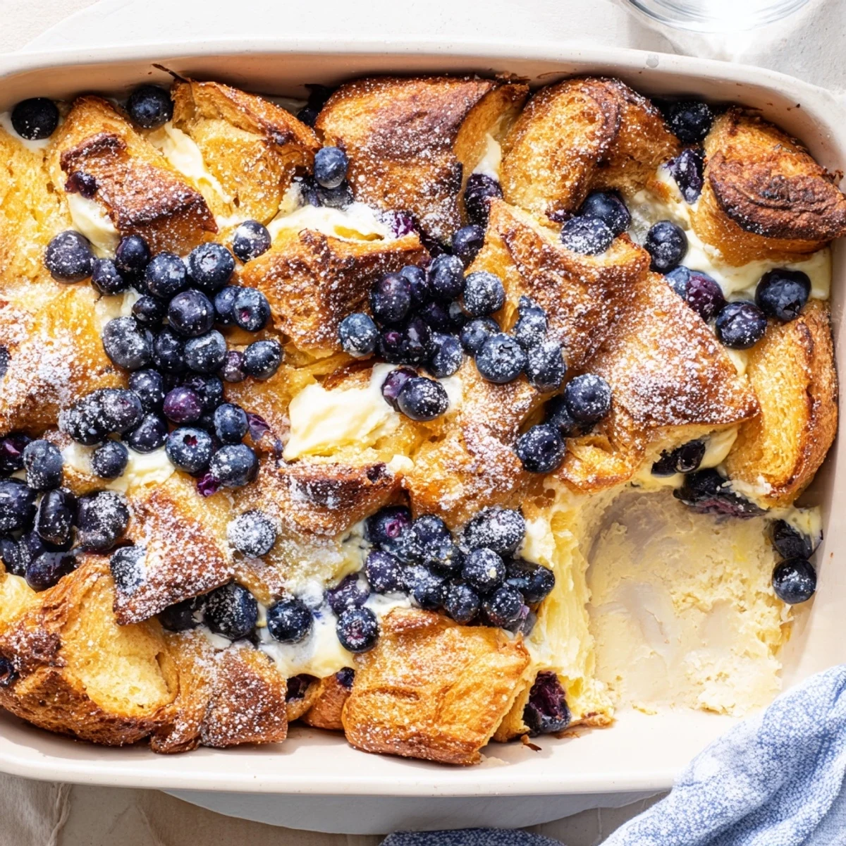 Golden blueberry cream cheese croissant casserole fresh from the oven with a buttery crisp top