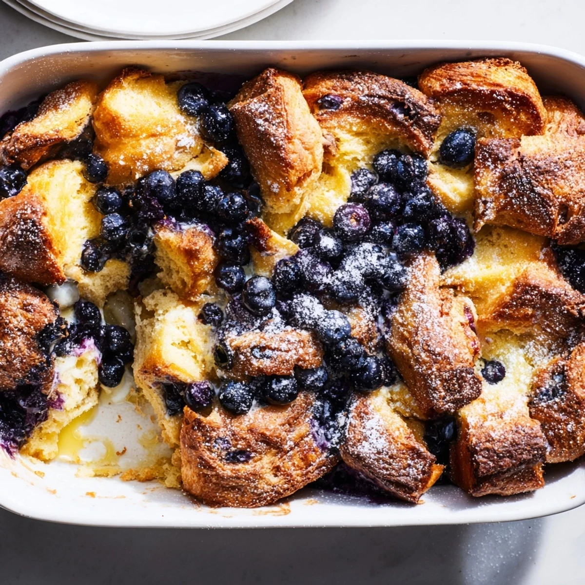 Slice of warm blueberry cream cheese croissant casserole dusted with powdered sugar on a white plate