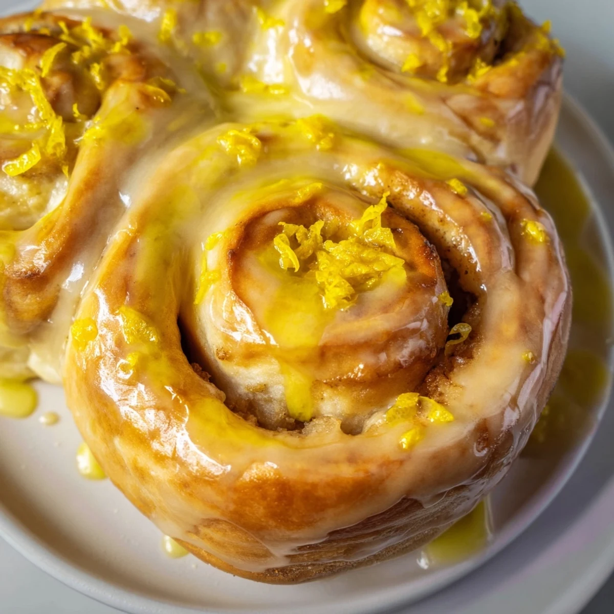 Golden lemon rolls drizzled with tangy glaze on a rustic wooden board