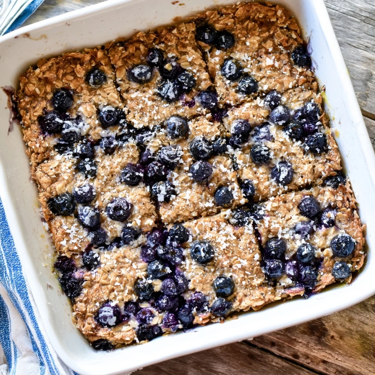 Golden lemon blueberry baked oatmeal with juicy berries peeking through a tender, set oatmeal surface