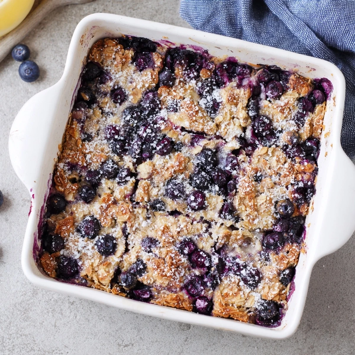 Fresh baked oatmeal casserole dotted with plump blueberries and bright lemon zest for a wholesome breakfast