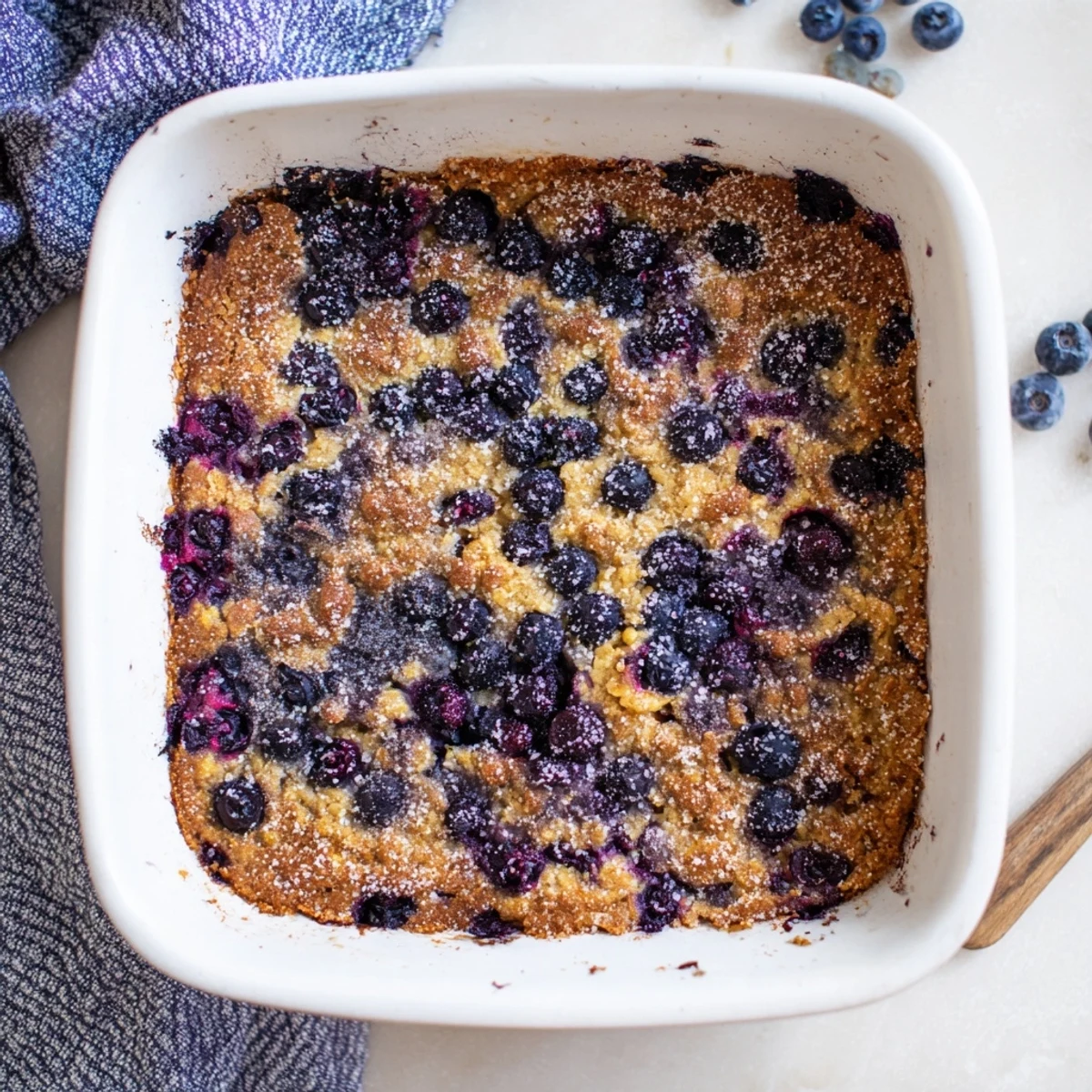 Warm lemon blueberry baked oatmeal served in a square dish with a golden brown sugary topping