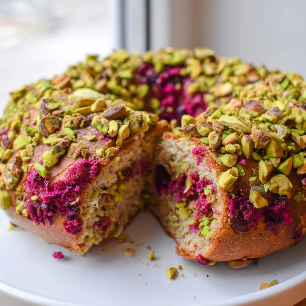 Chewy sourdough bagels featuring tart raspberries and crunchy pistachios sliced open revealing colorful flecks throughout the crumb