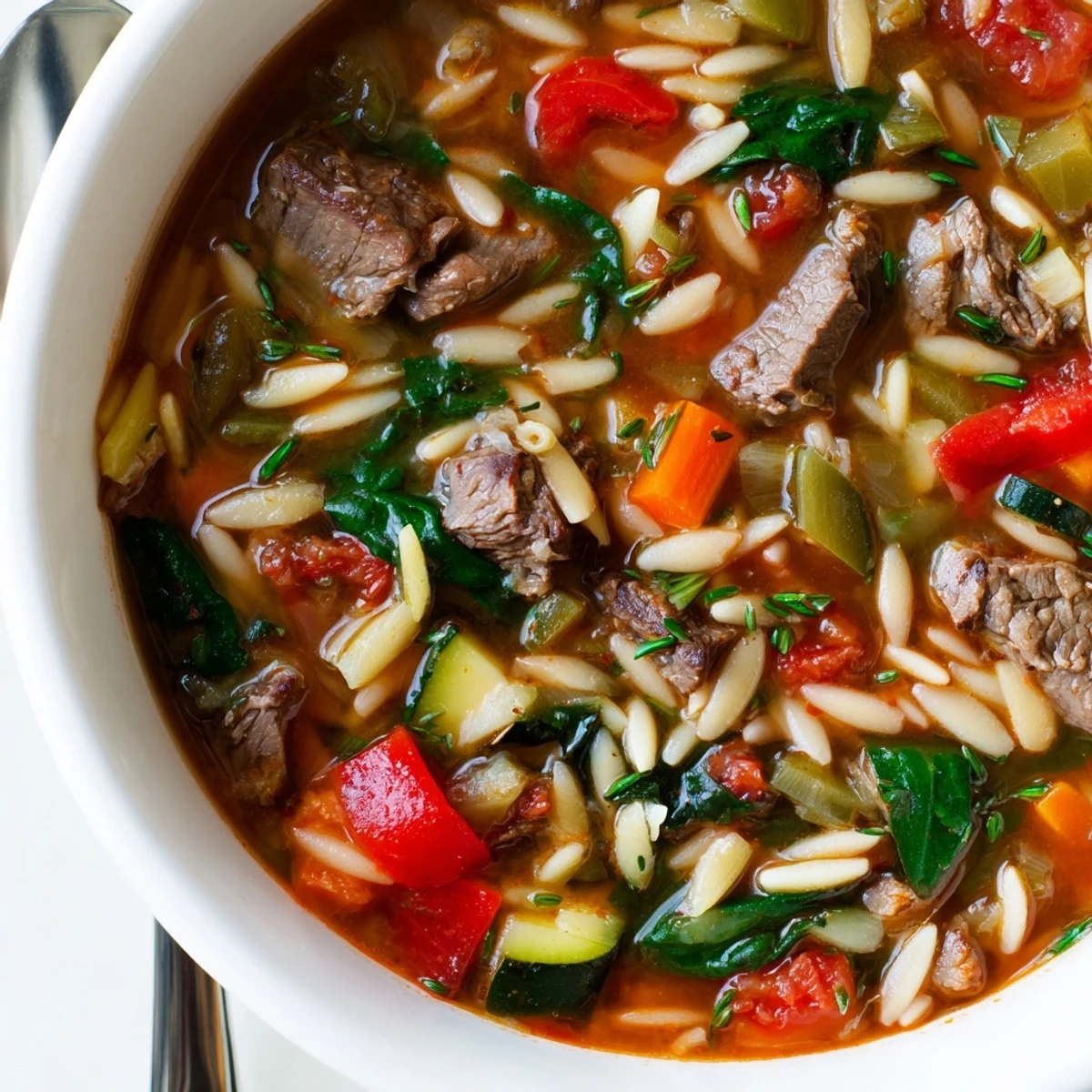 Steaming bowl of hearty beef and orzo soup brimming with colorful fresh garden vegetables