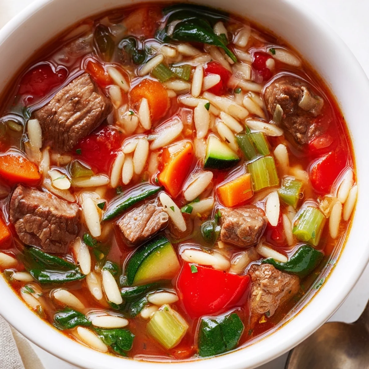 Hearty beef and orzo soup with tender meat chunks and vibrant vegetables in savory broth
