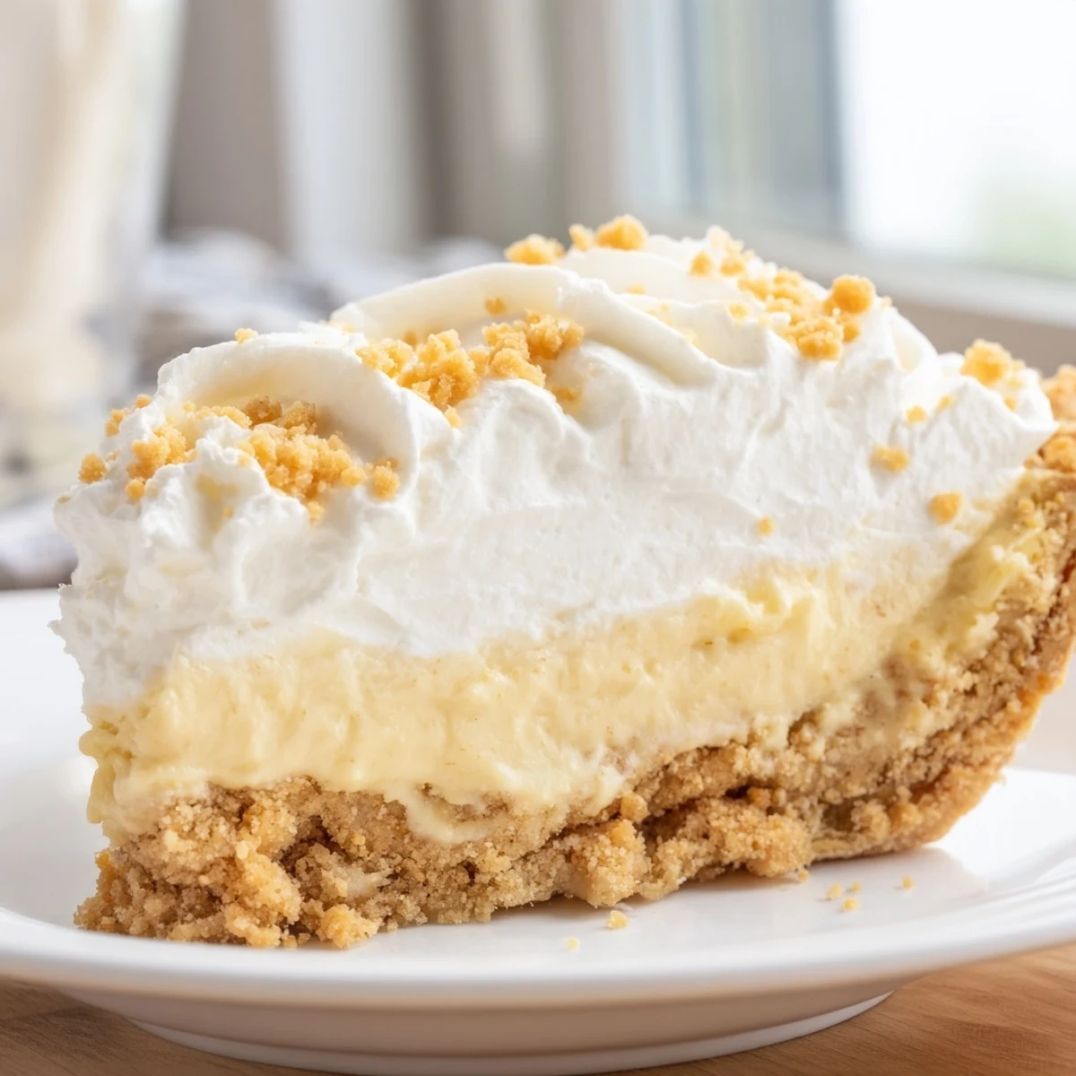 Creamy Old Fashioned Amish Peanut Butter Dream Pie topped with fluffy whipped cream and golden crumbs