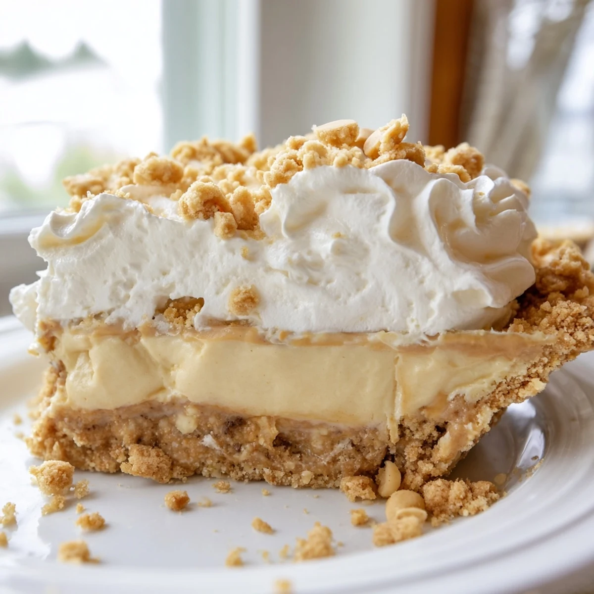 Velvety Old Fashioned Amish Peanut Butter Dream Pie slice showing rich peanut butter filling layers