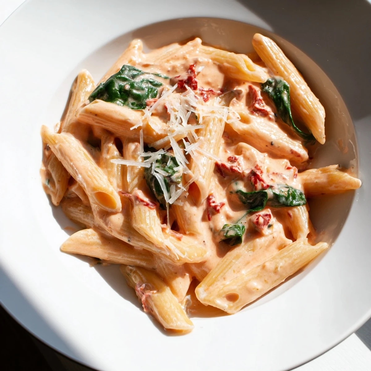 One pan creamy sun dried tomato spinach pasta coated in rich velvety Parmesan sauce
