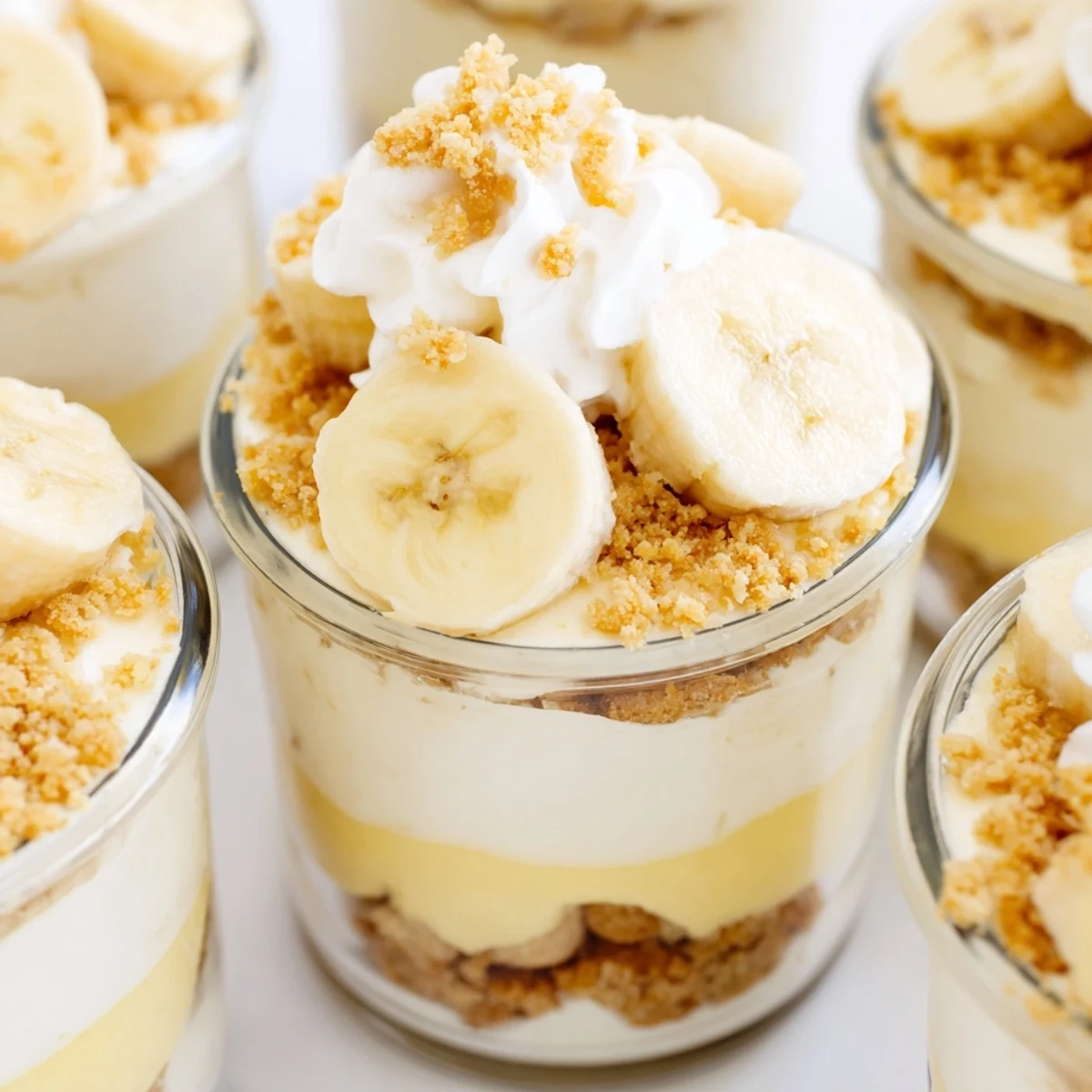 Creamy no bake banana pudding cheesecake cups layered with vanilla wafer crumbs and fresh banana slices