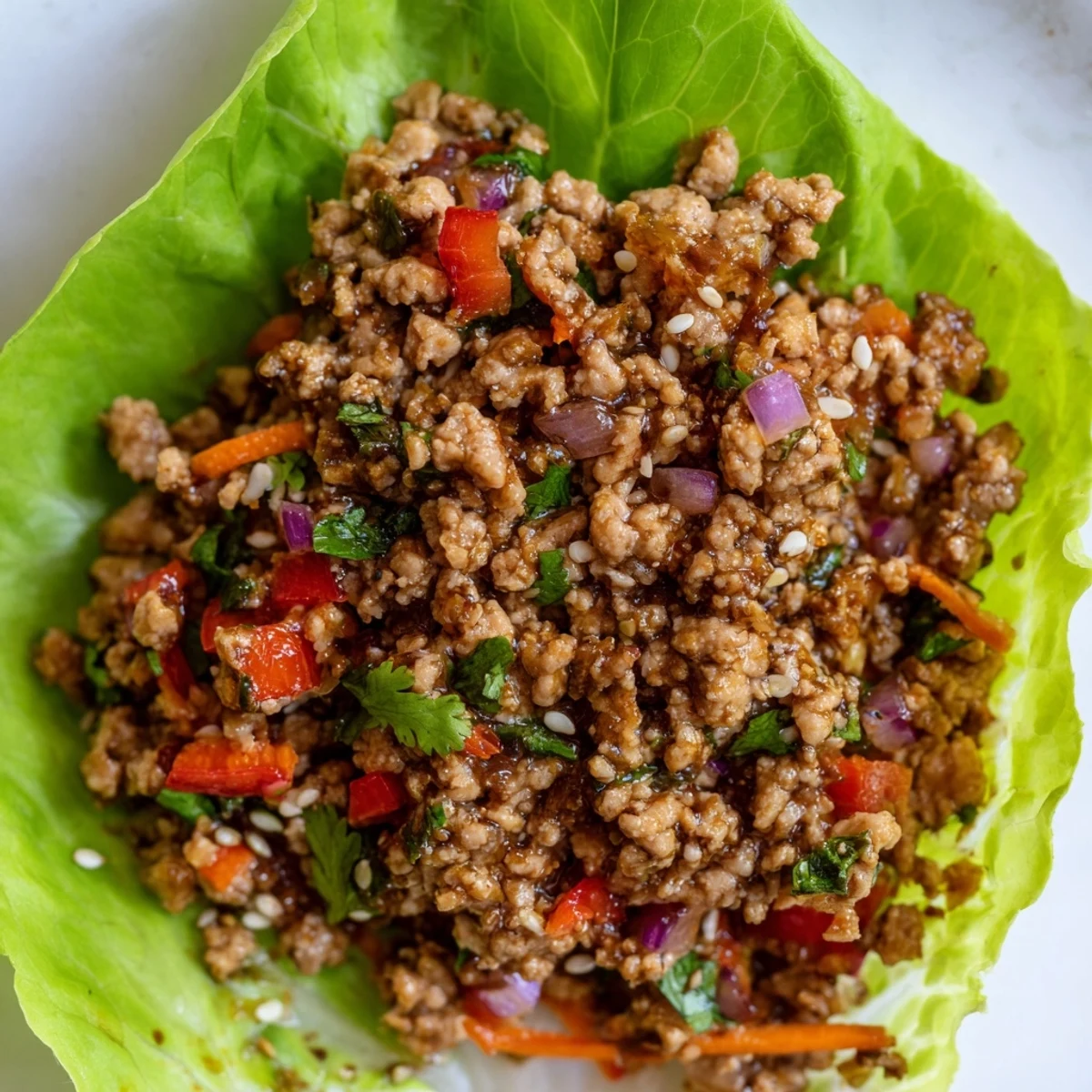 Crisp lettuce cups filled with savory ground turkey and colorful fresh vegetables ready to eat
