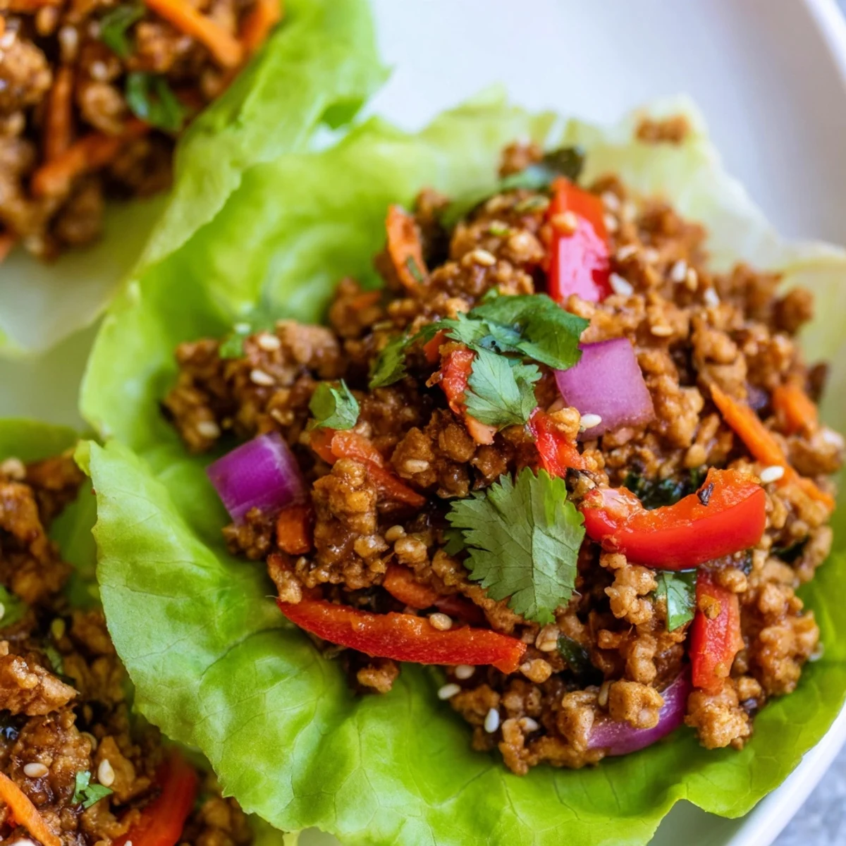 Seasoned ground turkey mixture spooned into tender lettuce leaves with herbs and sesame seeds