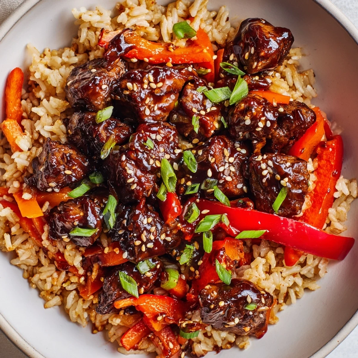 Glistening One Pan Korean BBQ Chicken and Rice in a cast iron skillet topped with green onions
