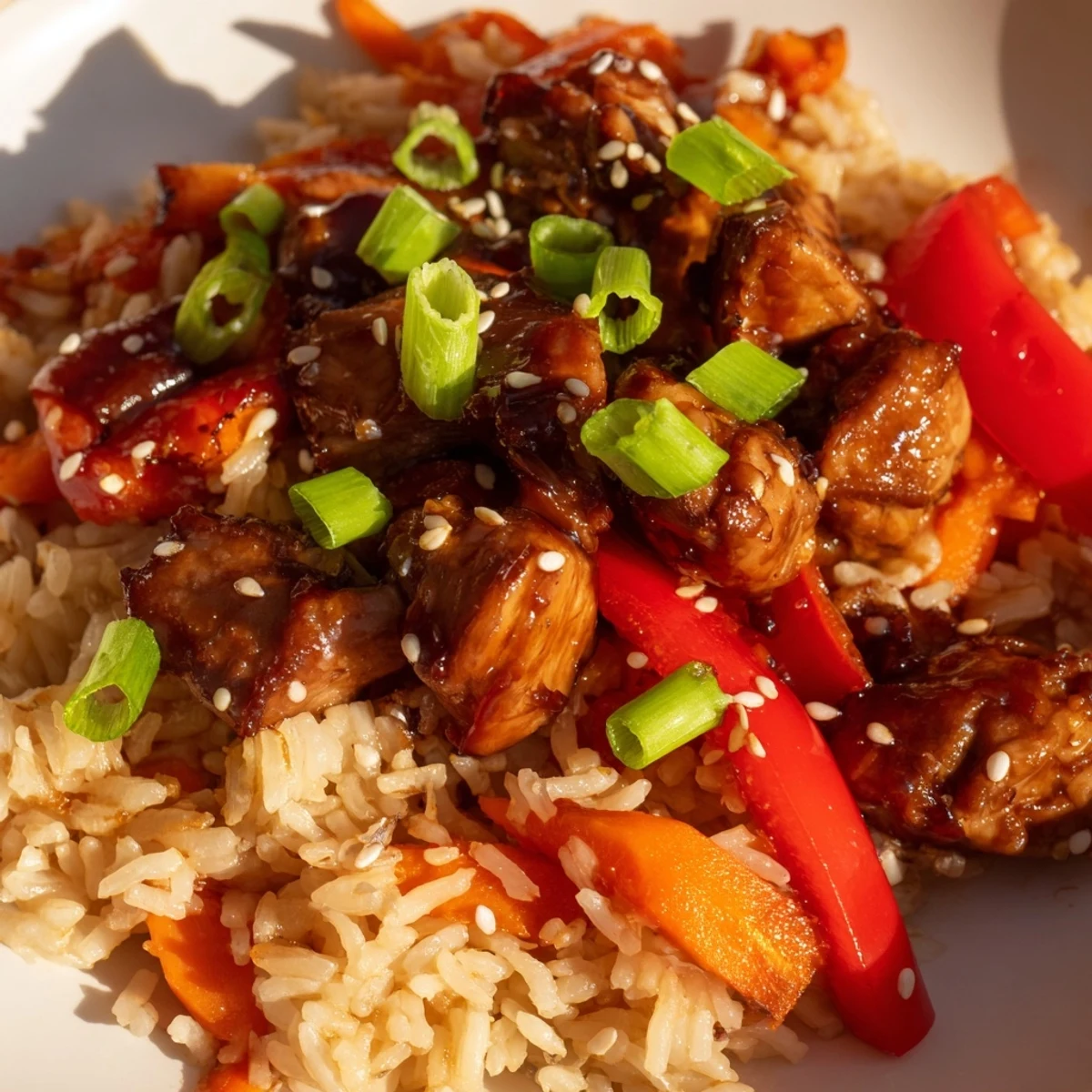 One Pan Korean BBQ Chicken and Rice with colorful bell peppers and tender glazed chicken pieces