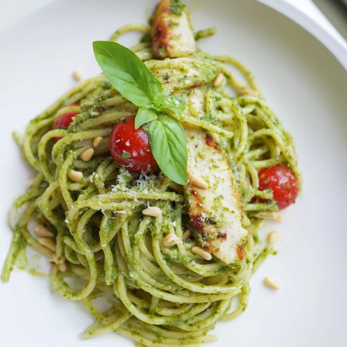 Light pesto pasta with chicken topped with fresh basil and Parmesan shavings in white bowl