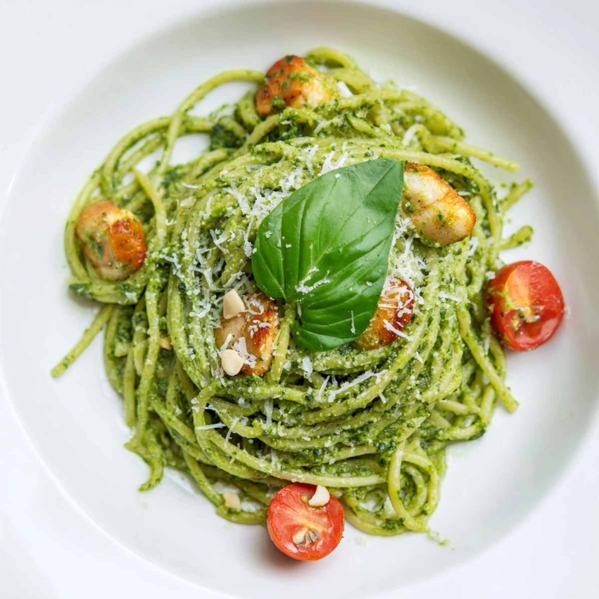 Creamy light pesto pasta with chicken tossed with cherry tomatoes and vibrant green sauce