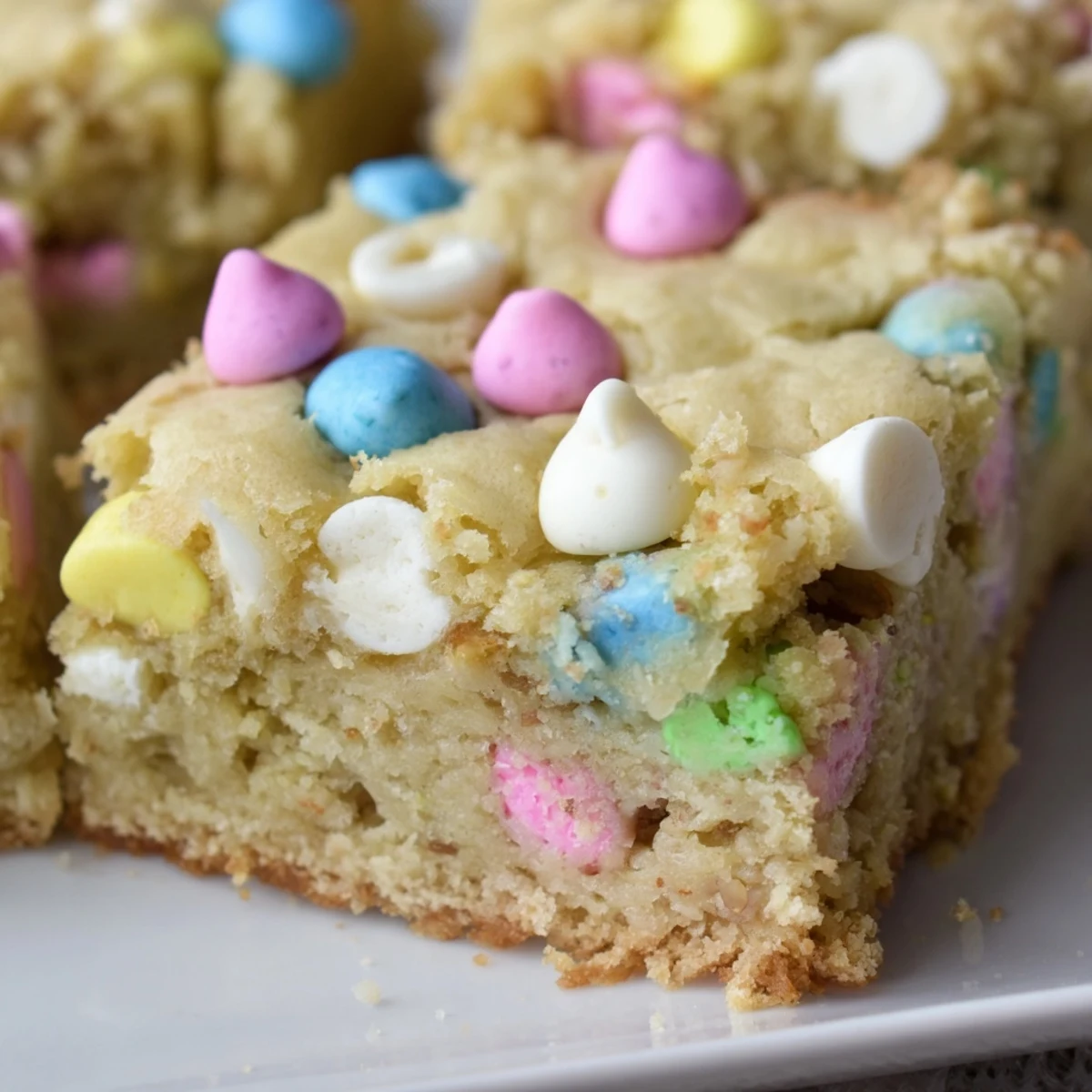 Golden chewy Mini Cadbury Easter Egg blondies with colorful candy pieces scattered on top