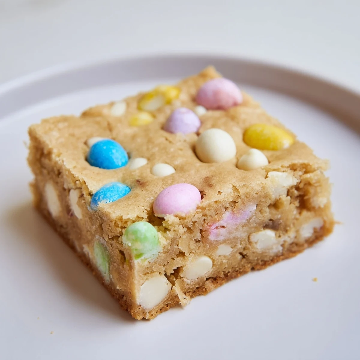 Fudgy Mini Cadbury Easter Egg blondies studded with white chocolate chips and pastel candies