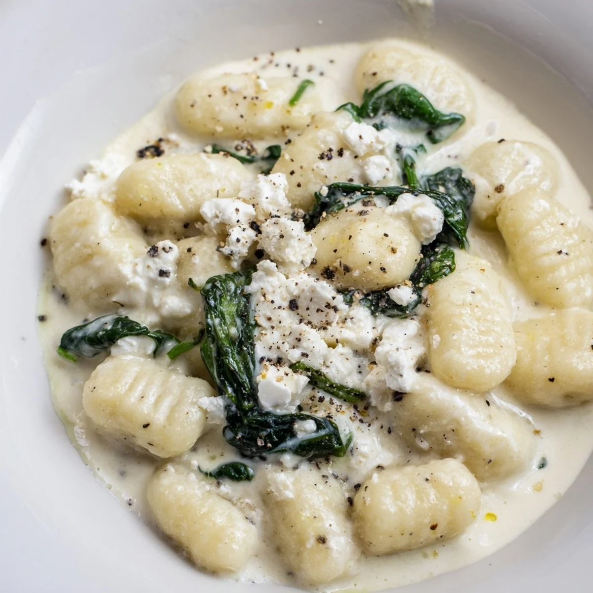 Creamy gnocchi with spinach and feta topped with crumbled cheese in white sauce