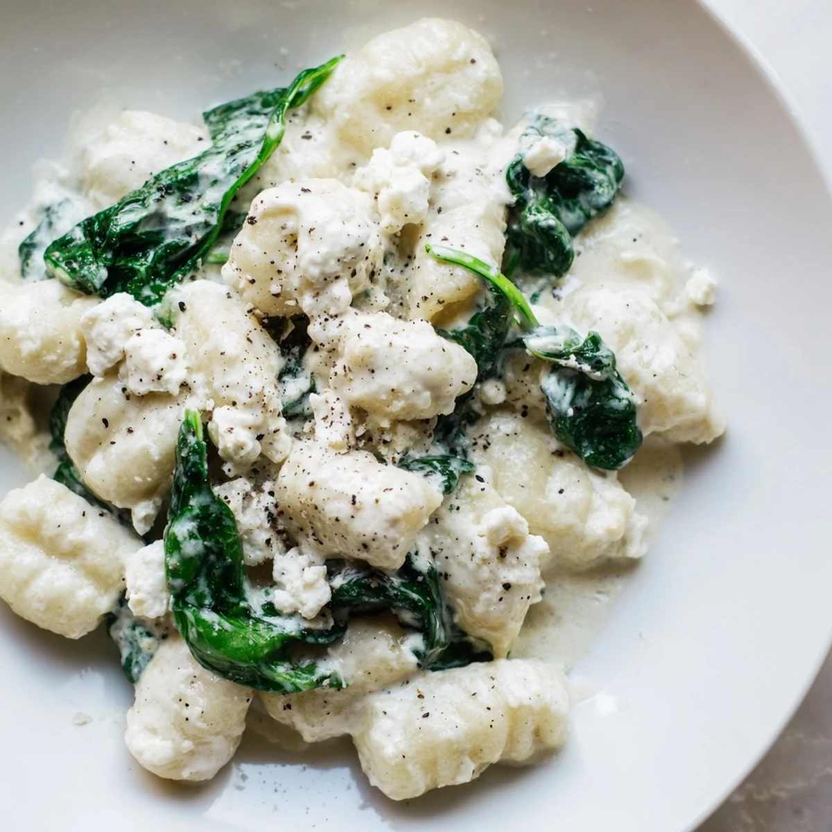Pillowy potato gnocchi with spinach and feta glistening in rich cream sauce