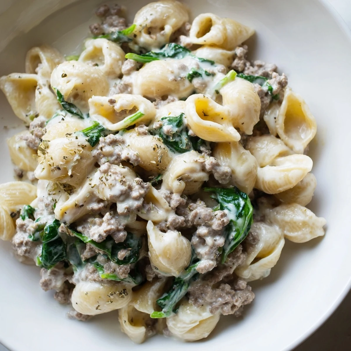 Creamy high protein beef pasta in a white bowl with fresh spinach and melted Parmesan