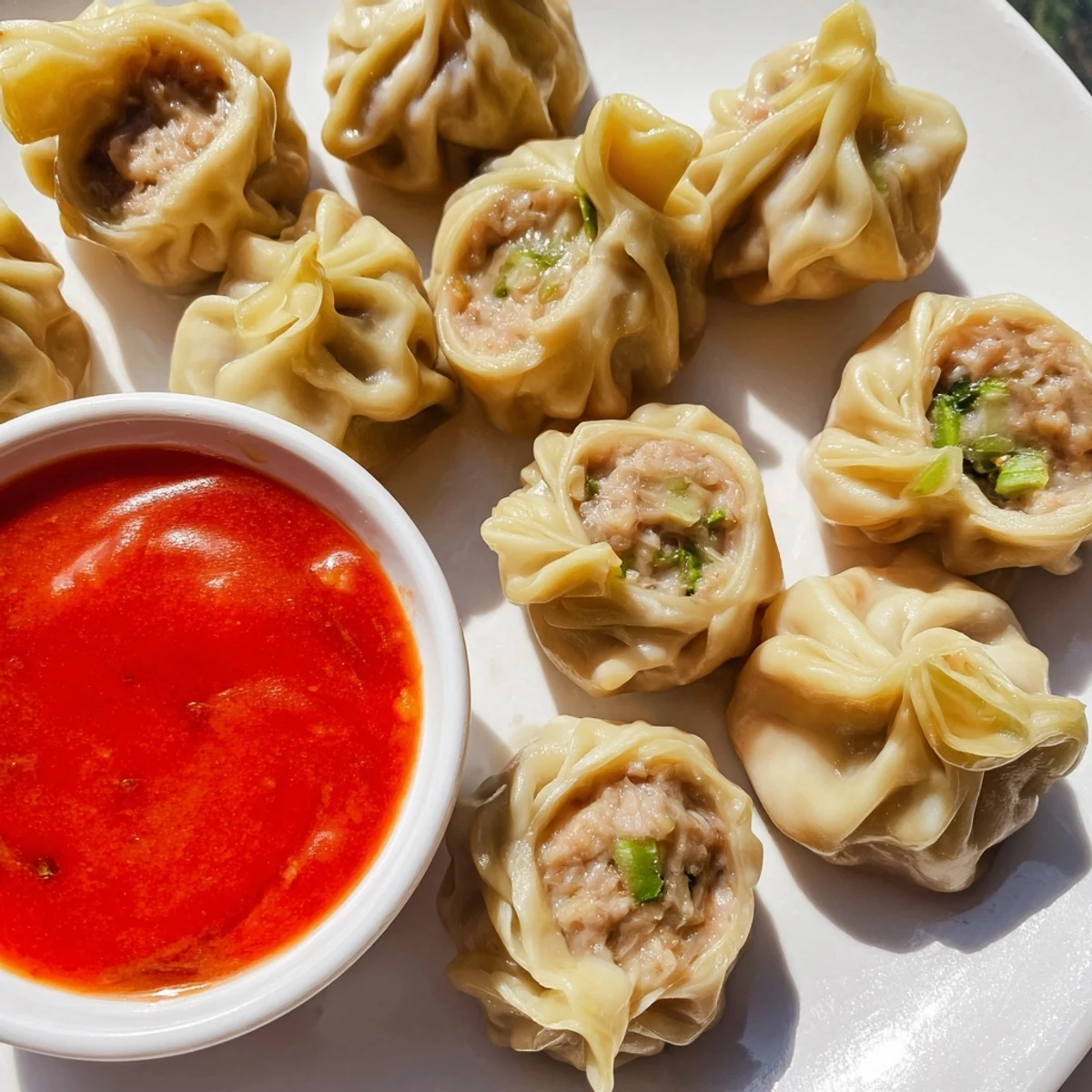 Steamed Nepali momo dumplings arranged on a bamboo basket with spicy tomato dipping sauce