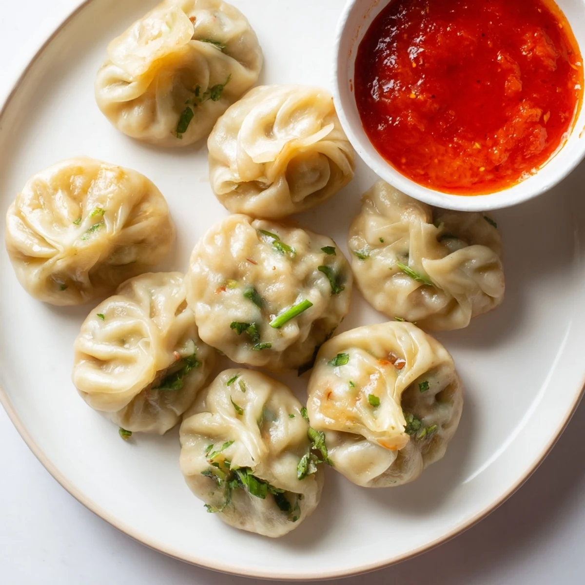 Golden steamer basket filled with freshly made Nepali momo dumplings ready to serve