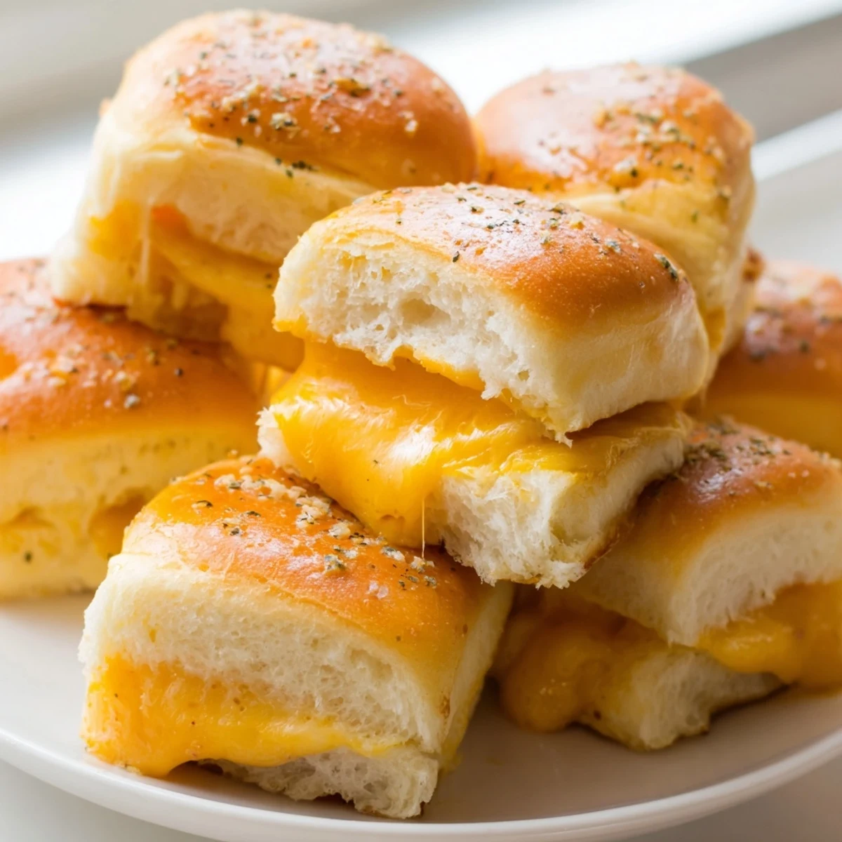 Golden mini grilled cheese Hawaiian rolls with melted cheddar oozing from sweet buttery bun tops