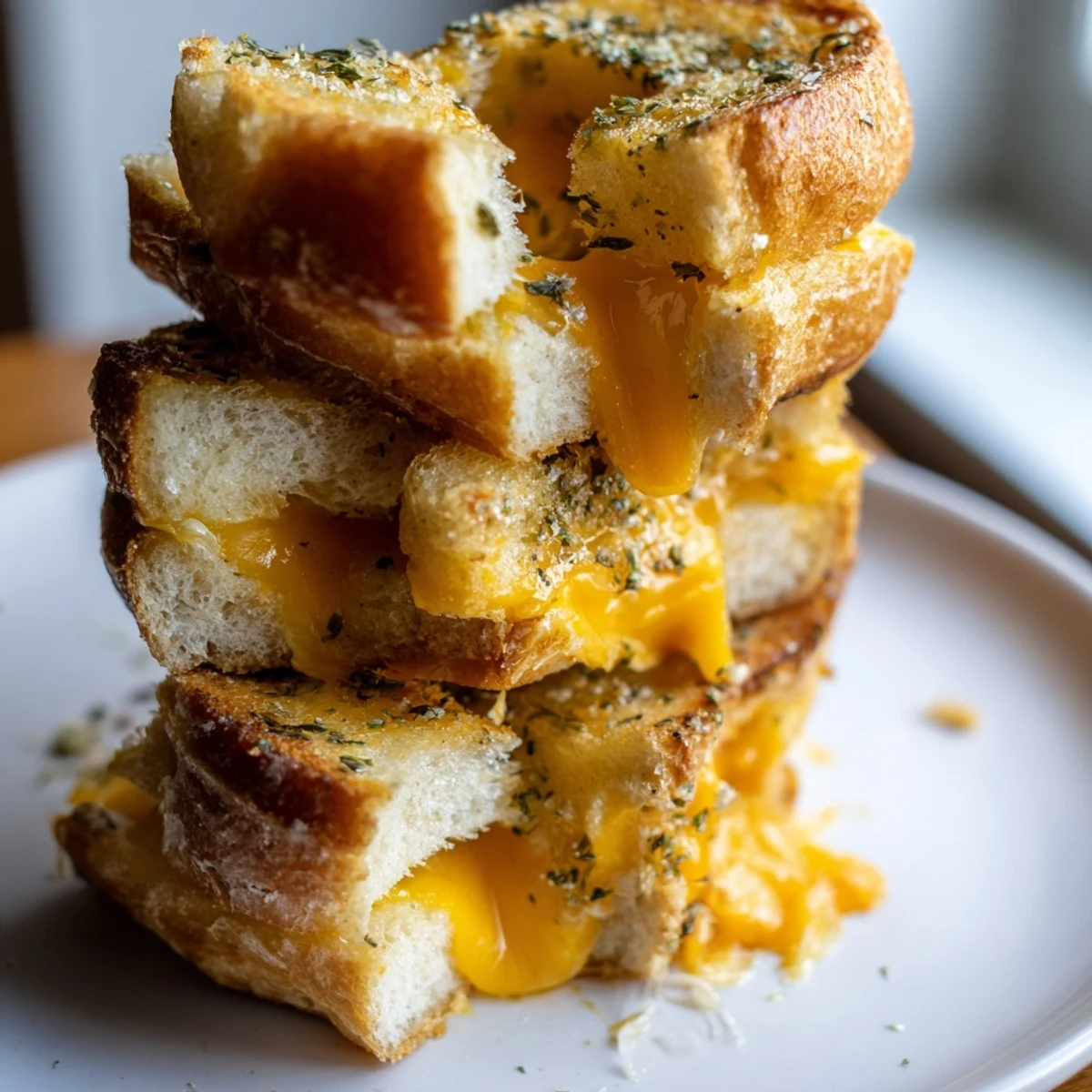Mini grilled cheese Hawaiian rolls arranged on parchment showing crispy garlic-parsley butter crusts close-up
