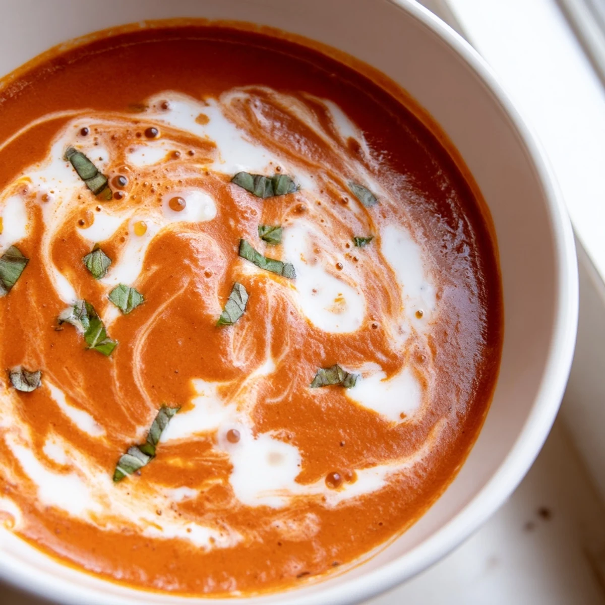 Smoky fire roasted tomato soup in a white bowl with fresh basil garnish