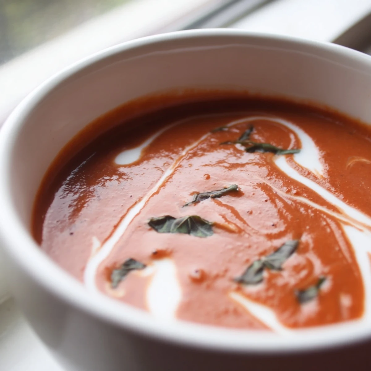Creamy fire roasted tomato soup steaming in a rustic ceramic bowl