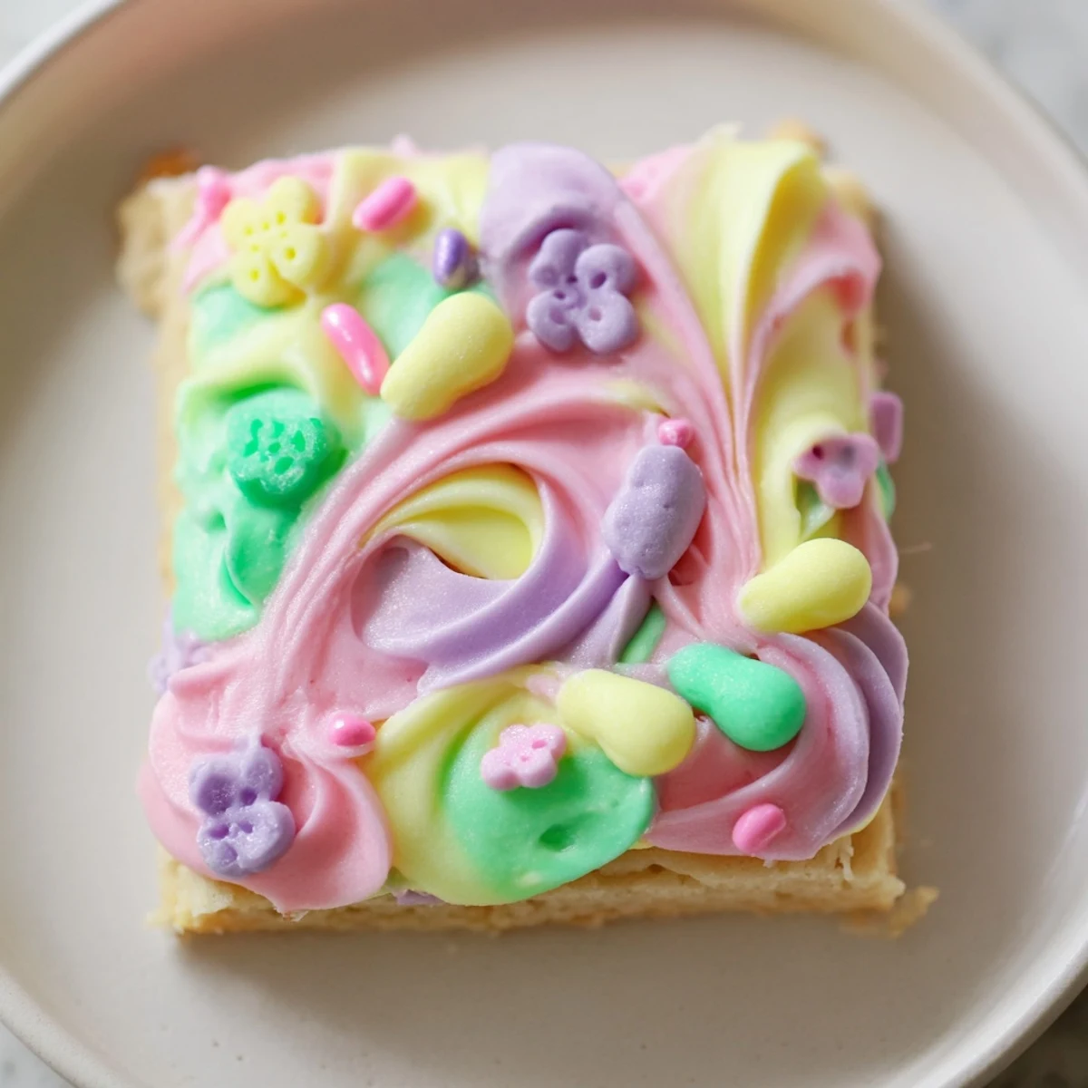 Thick Easter sugar cookie bars cut into squares topped with creamy pink yellow and green frosting