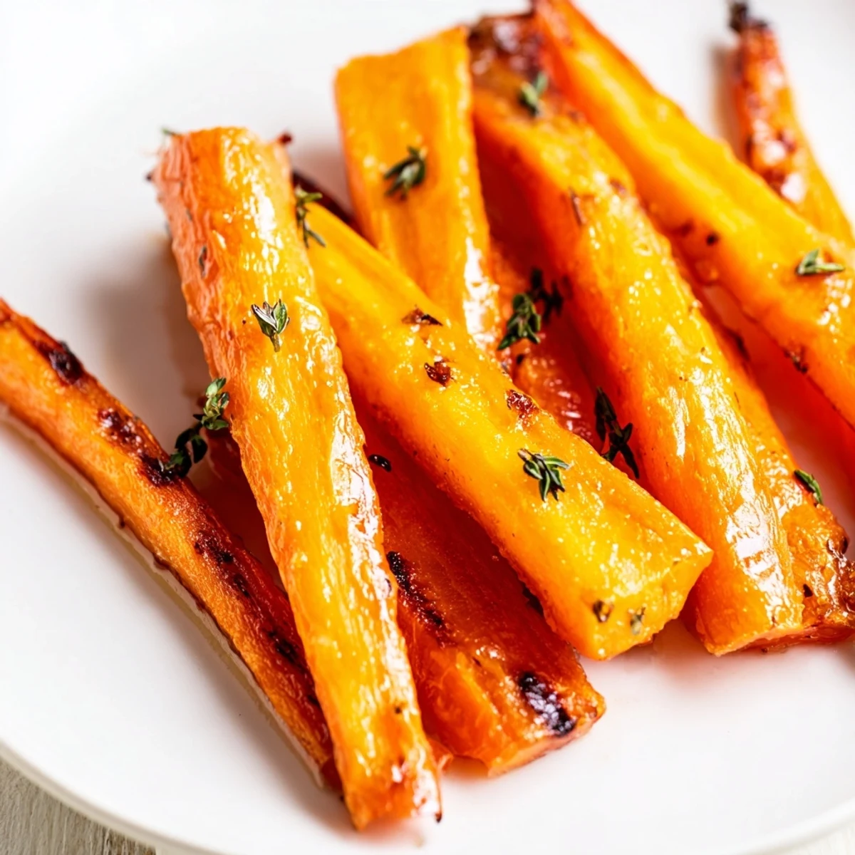 Glossy honey roasted carrots with caramelized edges on a white ceramic serving platter