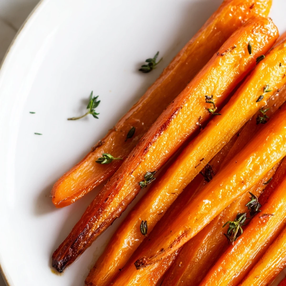 Golden honey roasted carrots glistening with glaze and sprinkled with fresh green herbs