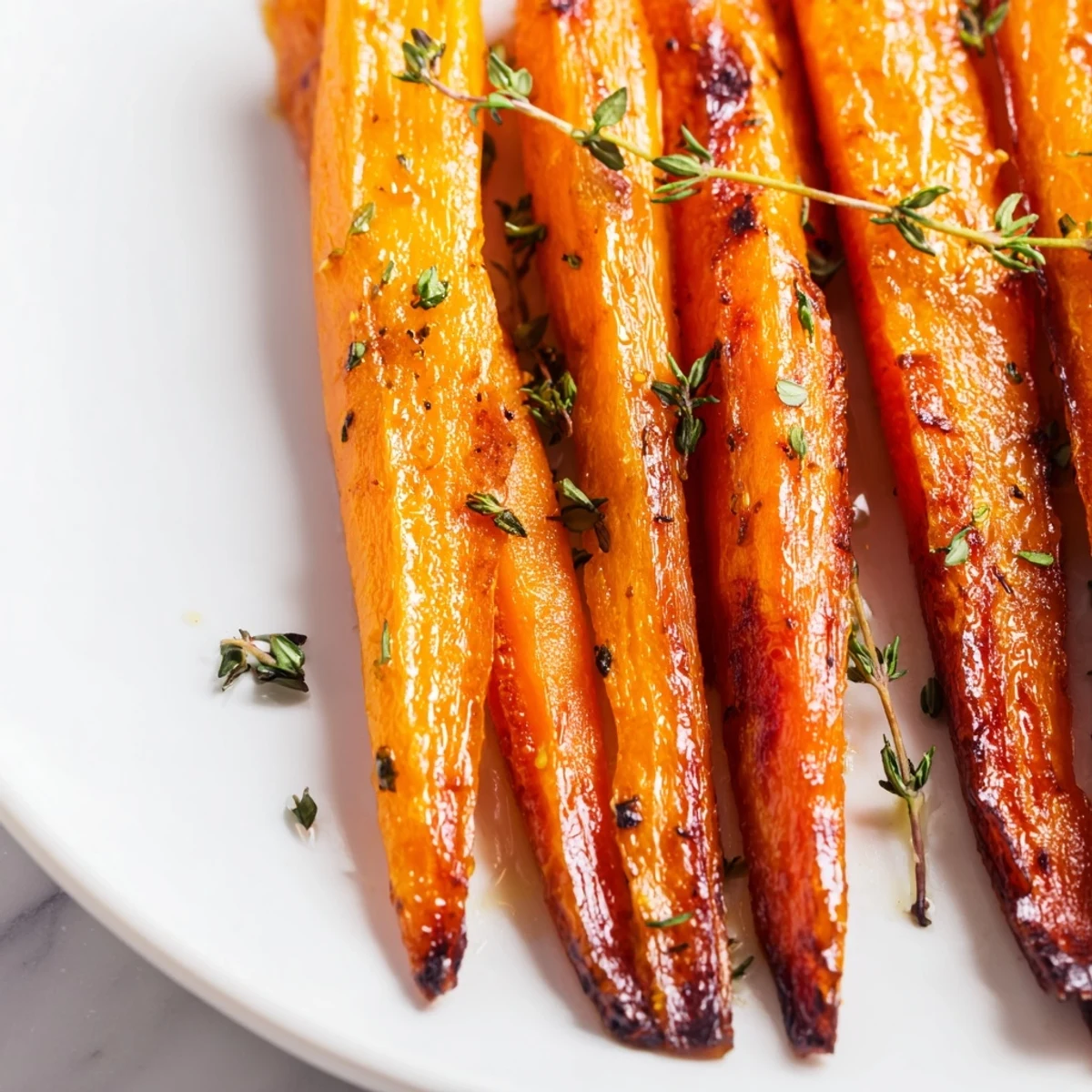 Tender honey roasted carrots arranged on a baking sheet with golden brown edges