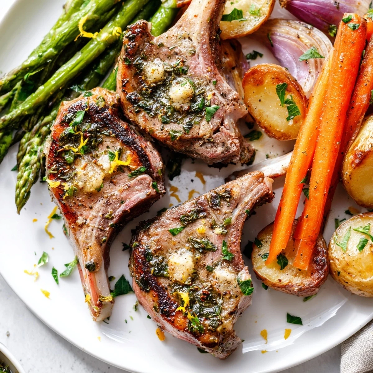 Golden herb-crusted lamb chops and roasted vegetables on Easter dinner sheet pan