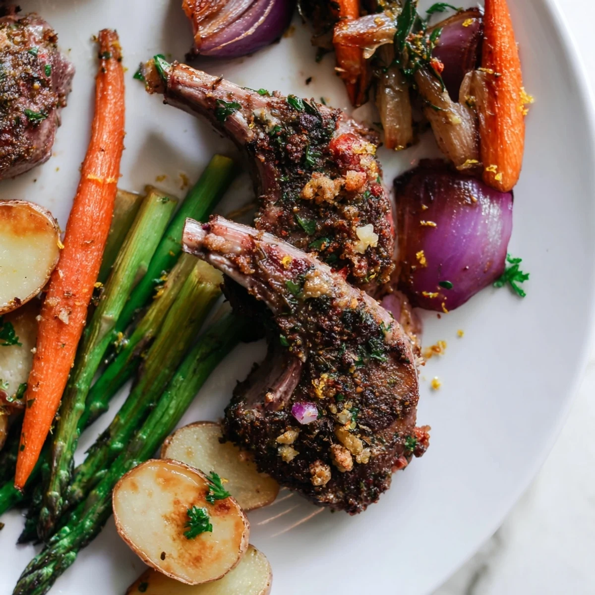 Easter dinner on a sheet pan with tender lamb and colorful roasted vegetables