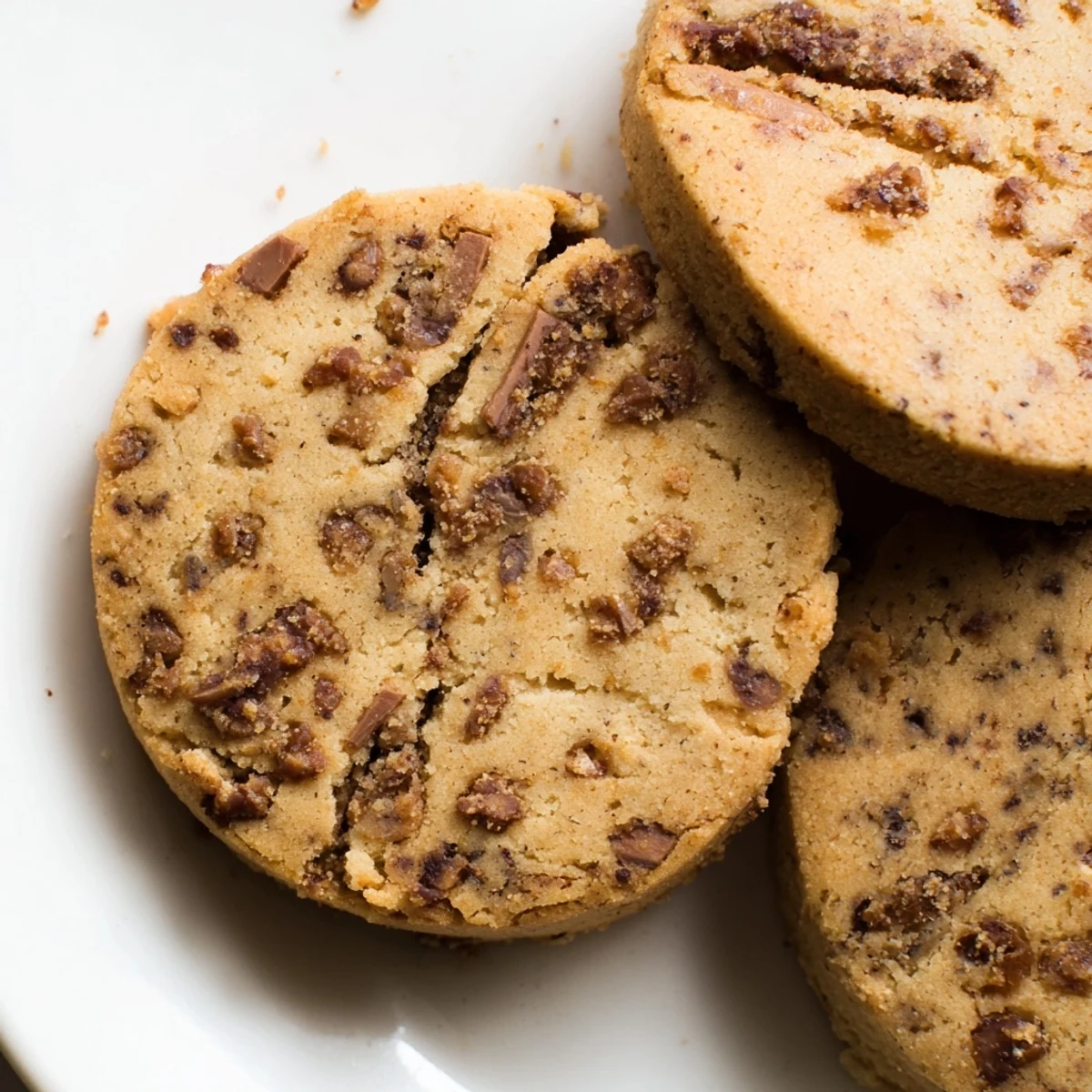 Golden espresso shortbread cookies studded with crunchy toffee bits on a rustic baking sheet
