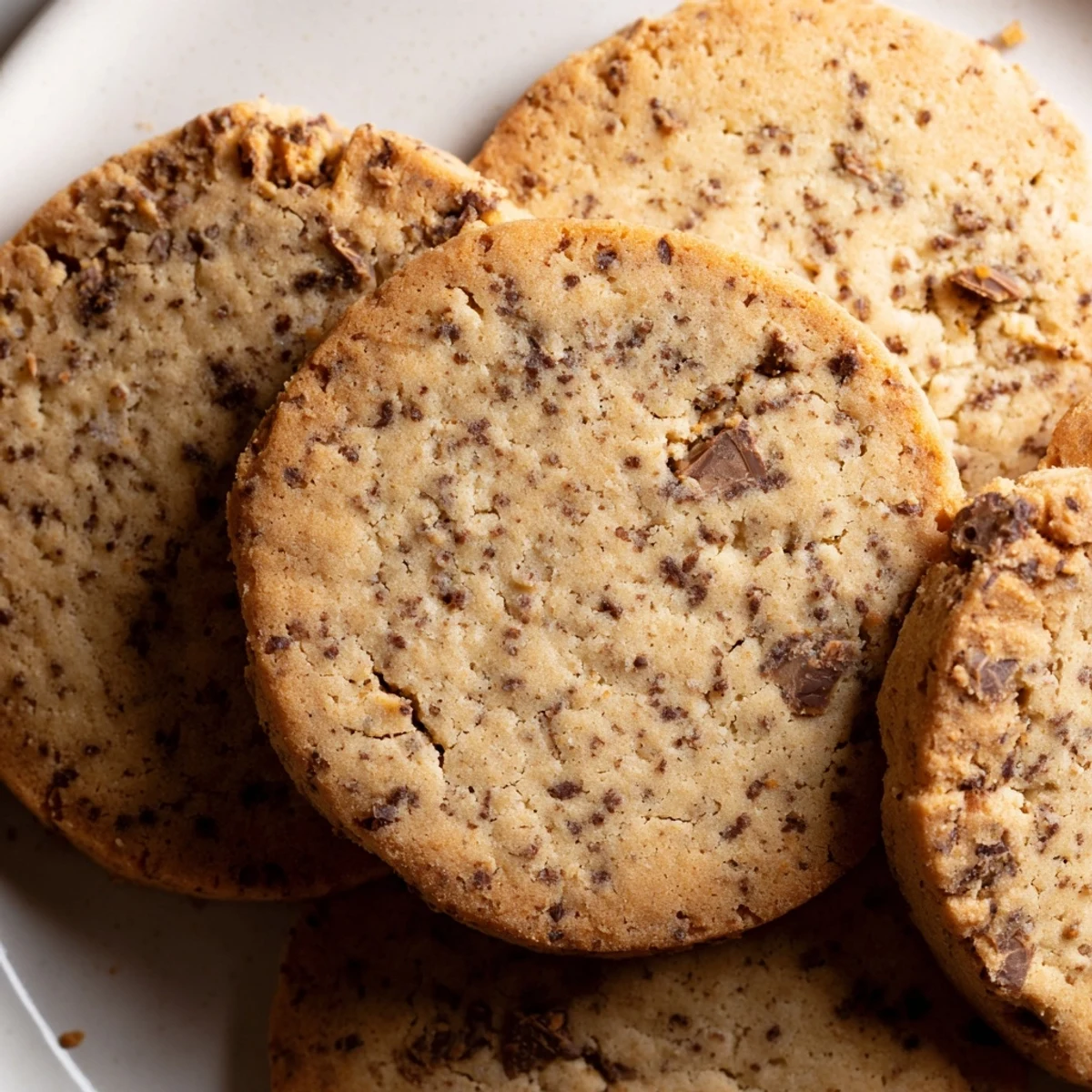 Rich espresso shortbread cookies with melted toffee chunks arranged beside a steaming coffee mug