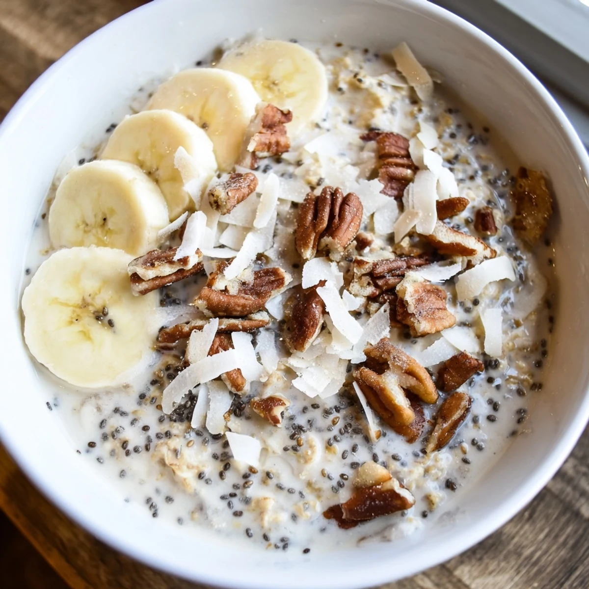 Creamy Coconut Cream Pie Overnight Oats topped with toasted coconut and pecans in a jar