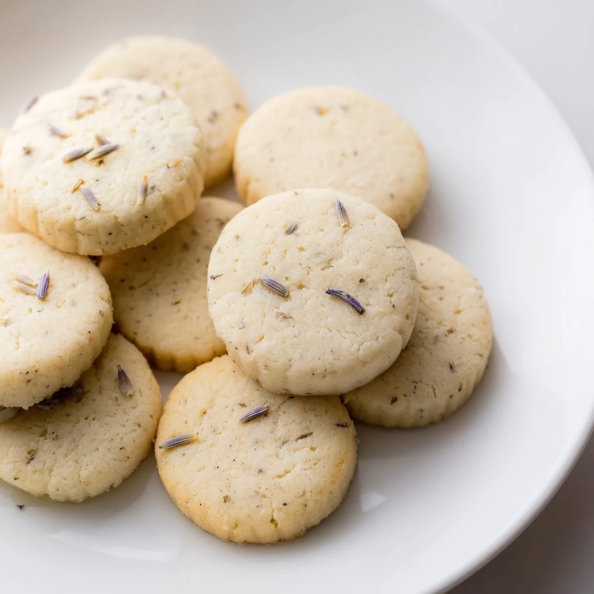 Golden lemon lavender cookies with speckled lavender buds on a rustic white plate