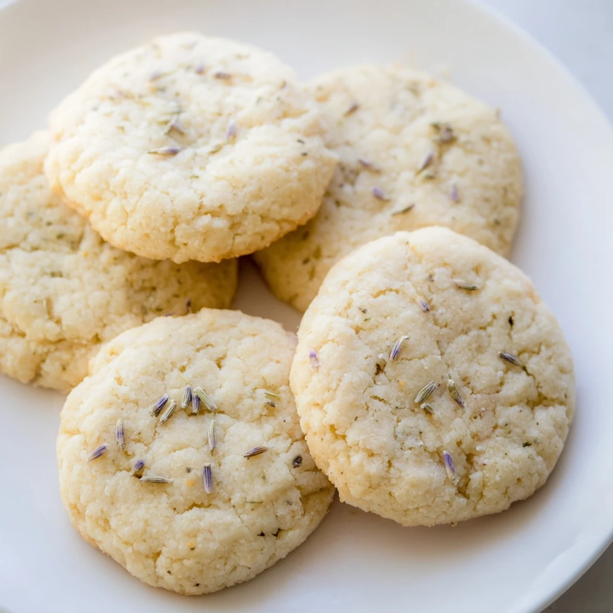 Soft lemon lavender cookies with delicate cracked edges arranged on a parchment-lined baking sheet