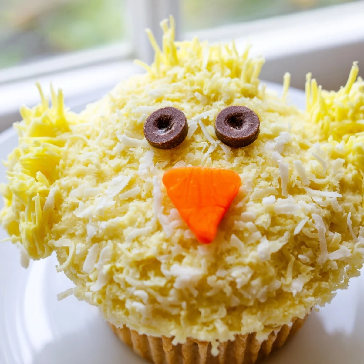 Adorable Easter Chick Cupcakes with fluffy yellow frosting and cute candy faces on display